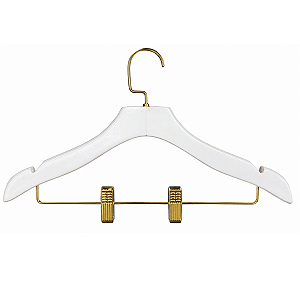 30 Cabides de madeira BRANCO PREMIUM com presilhas de aço e ganchos LUXO : Cromado, Rose ou Dourado- Pronta entrega