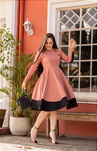 REF 2105- VESTIDO GODE ROSE COM BARRADO E BOTÕES