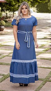 REF 1924 - VESTIDO AZUL JEANS LONGO C/ APLIC SIANINHAS