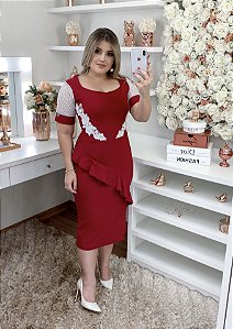 VESTIDO ROSANA - TUBINHO VERMELHO MANGAS EM RASTÃO COM APLICA. PET BRANCO MANGAS EM RASTÃO