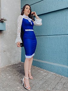 VESTIDO PIETRA - TUBINHO AZUL ROYAL DETALHES EM BRANCO E RENDA