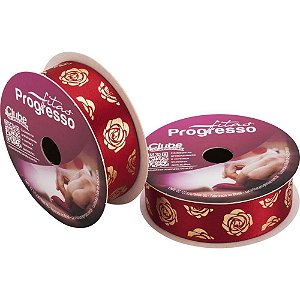 Fita de Cetim Decorada 22MM 10M. Rosas VERM/OURO