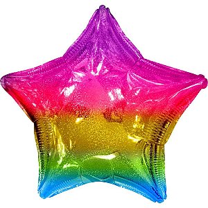 Balao Metalizado Decorado Estrela ARCO IRIS HOLOG.50CM