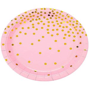 Prato Descartavel de Papel Metalico Confete Rosa