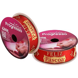 Fita de Cetim Pascoa 22MM 10M. Feliz Pascoa Vermelh