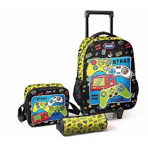 Mochila Infantil com Rodinha Game OVER G Estojo+lancheira KIT