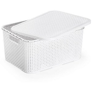 Caixa Plastica Multiuso Rattan C/TAMPA Branca 18L