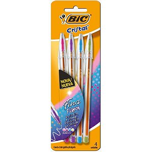 Caneta Esferografica Cristal Fina Fashion 4 Cores Blister