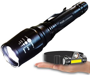 Kit Lanterna Tática LED T6 Police Profissional 2.210.000 Lumens Com 2 Baterias + Lanterna de Cabeça Profissional Recarregável