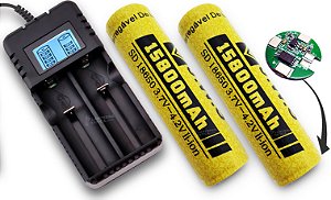 Kit Carregador Duplo Fast Charger Mais Duas Baterias 18650 Com Chip 15.800mAh Longa Duração Para Lanterna Tática + BRINDE CAPA COLDRE