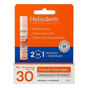 HELIODERM PROTETOR LABIAL 2 EM 1 PROTEÇÃO + HIDRATAÇÃO FPS30 4,5G.