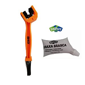 Kit Escova Limpeza Corrente Moto e Bicicleta + Graxa Branca Unifort Multiuso Rolamentos Automotivo 50g NLGI