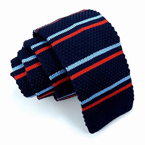 Gravata Slim Crochê Tricô Azul Marinho Listrada