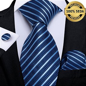 Gravata de Seda Azul Listrada Linha Executiva + Lenço + Abotoaduras + Prendedor