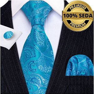 Gravata de Seda Azul Linha Executiva + Lenço + Abotoaduras
