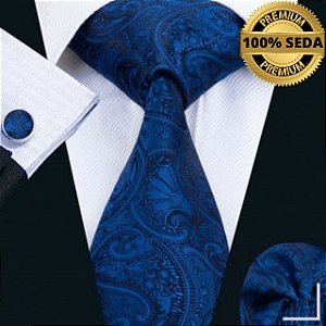 Gravata de Seda Azul + Lenço + Abotoaduras Linha Executiva