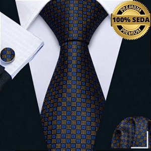 Gravata de Seda Azul e Amarela Executiva + Lenço + Abotoaduras