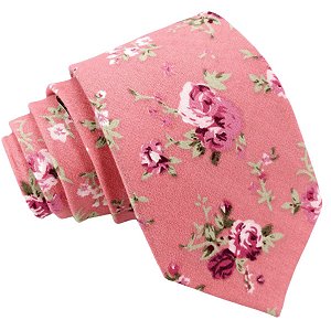 Gravata Slim Floral Rosa Linha Algodão Premium