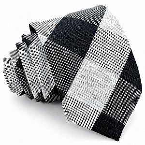 Gravata Slim Xadrez Cinza e Preta Linha Luxo