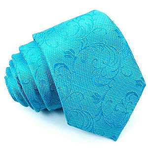 Gravata Slim Azul Turquesa Bordada Linha Luxo