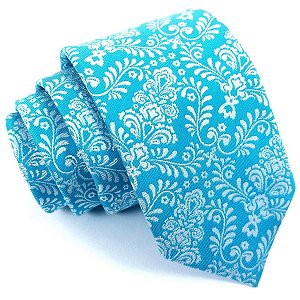 Gravata Slim Floral Azul Tiffany Linha Premium