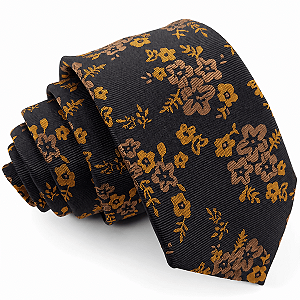 Gravata Slim Floral Marrom Linha Luxo