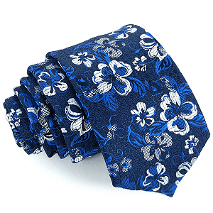 Gravata Slim Floral Azul Bordada Linha Elegante