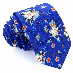 Gravata Slim Floral Azul Algodão Linha Premium
