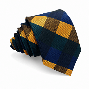 Gravata Slim Xadrez Azul Verde Amarela Linha Elegante