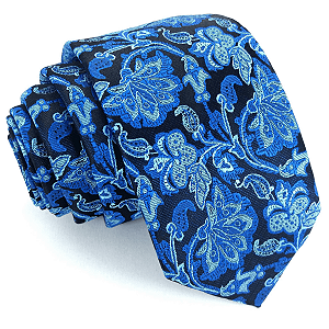 Gravata Slim Floral Azul Bordada Linha Supreme