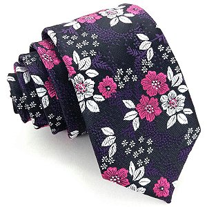 Gravata Slim Floral Preta Premium