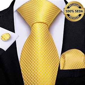 Gravata de Seda Amarela Executiva + Lenço + Abotoaduras