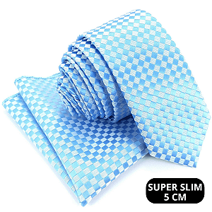 Kit Gravata Super Slim e Lenço de Bolso Azul Serenity