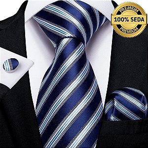 Gravata de Seda Azul Listrada + Lenço + Abotoaduras