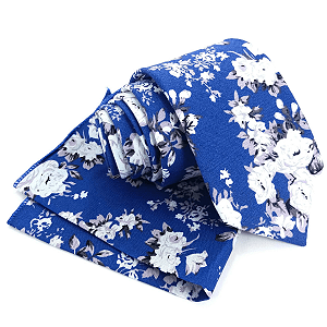 Kit Gravata Slim e Lenço de Bolso Floral Azul Algodão Premium