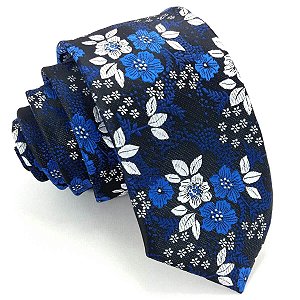 Gravata Slim Floral Azul Luxo