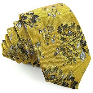 Gravata Slim Floral Amarela Premium
