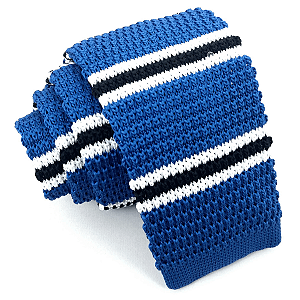 Gravata Slim Crochê Tricô Azul Listrada