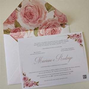 Convite Casamento Forrado Branco Perolado Floral Rosa