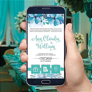 Convite De Casamento Digital / Virtual Interativo Azul Turquesa