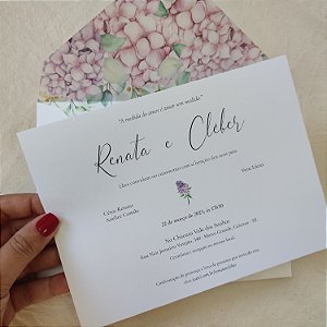 Convite Casamento Forrado Branco Perolado Floral Lilás Hortênsia