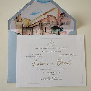Convite Casamento Forrado Envelope Azul Serenity Aquarela