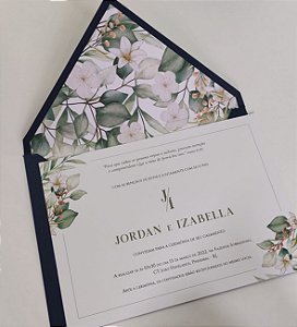 Convite Casamento Forrado Folhagem Envelope Azul Escuro