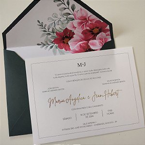 Convite Casamento Envelope Verde Escuro Metalizado Dourado Floral Fucsia