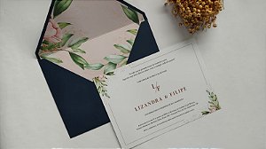 Convite Casamento Azul Escuro com rosê forrado