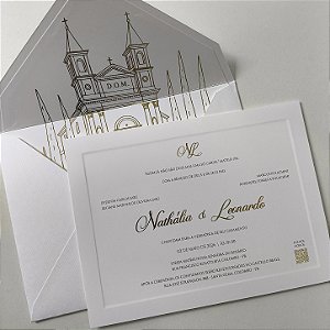Convite Casamento Forrado Igreja Metalizada Dourada Borda Relevo
