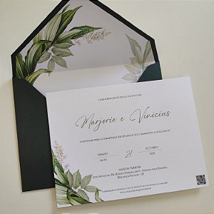 Convite Casamento Envelope Forrado  Verde Escuro Folhagem