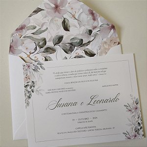 Convite com envelope Branco Fosco Forrado Folhagem Seca