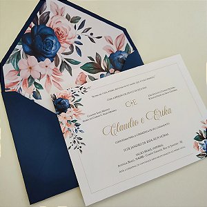 Convite Casamento C/ Envelope Azul Escuro forrado