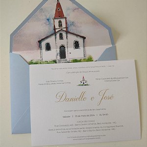 Convite Casamento Forrado Envelope Azul Serenity Capela